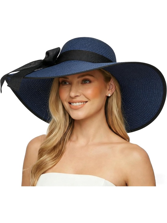 Accessories - Women's Navy Blue Wide Brim Foldable Floppy Straw With Ribbon Bow Summer Sun Hat